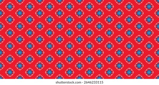 Seamless vector pattern with ethnic decorative ornament in vibrant palette of red, blue and white. Geometric design for printing on textile, fabric, paper, covers and other surfaces.