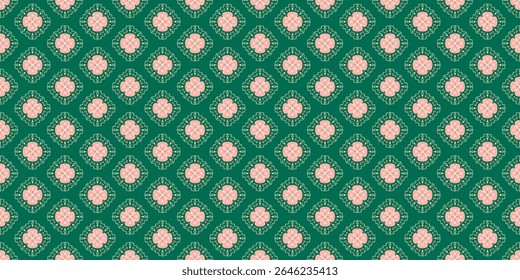 Seamless vector pattern with ethnic decorative ornament in green and pink palette. Geometric design for printing on textile, fabric, paper, covers and other surfaces.