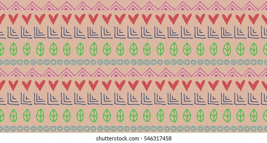 Seamless vector pattern. Ethnic geometrical background with hand drawn little decorative elements. Ethno design. Graphic tribal illustration. Template for wrapping, background, wallpaper, cover..