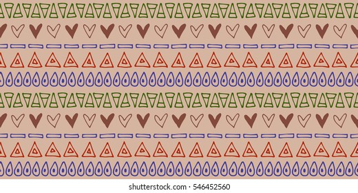 Seamless vector pattern. Ethnic geometrical background with hand drawn little decorative elements. Ethno design. Graphic tribal illustration. Template for wrapping, background, wallpaper, cover