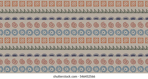 Seamless vector pattern. Ethnic geometrical background with hand drawn little decorative elements. Ethno design. Graphic tribal illustration. Template for wrapping, background, wallpaper, cover