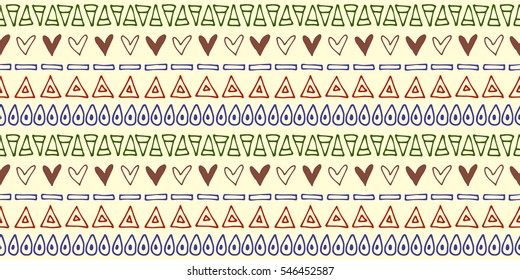 Seamless vector pattern. Ethnic geometrical background with hand drawn little decorative elements. Ethno design. Graphic tribal illustration. Template for wrapping, background, wallpaper, cover