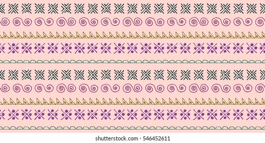 Seamless vector pattern. Ethnic geometrical background with hand drawn little decorative elements. Ethno design. Graphic tribal illustration. Template for wrapping, background, wallpaper, cover