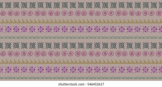 Seamless vector pattern. Ethnic geometrical background with hand drawn little decorative elements. Ethno design. Graphic tribal illustration. Template for wrapping, background, wallpaper, cover