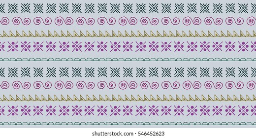 Seamless vector pattern. Ethnic geometrical background with hand drawn little decorative elements. Ethno design. Graphic tribal illustration. Template for wrapping, background, wallpaper, cover