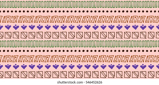 Seamless vector pattern. Ethnic geometrical background with hand drawn little decorative elements. Ethno design. Graphic tribal illustration. Template for wrapping, background, wallpaper, cover