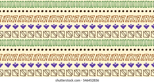 Seamless vector pattern. Ethnic geometrical background with hand drawn little decorative elements. Ethno design. Graphic tribal illustration. Template for wrapping, background, wallpaper, cover..