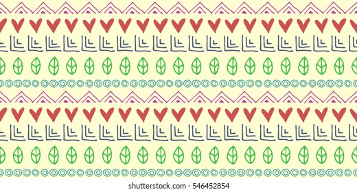 Seamless vector pattern. Ethnic geometrical background with hand drawn little decorative elements. Ethno design. Graphic tribal illustration. Template for wrapping, background, wallpaper, cover..