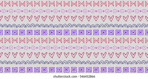 Seamless vector pattern. Ethnic geometrical background with hand drawn little decorative elements. Ethno design. Graphic tribal illustration. Template for wrapping, background, wallpaper, cover..
