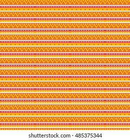 Seamless vector pattern with ethnic motive. Triangles, stripes and dotted lines in a palette of orange, white and pink. 