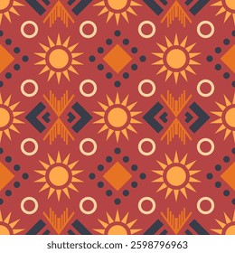 Seamless vector pattern with ethnic ornament. Geometric background in Mayan style. Print with Mexican, Peruvian, African folk motifs. Sun, diamonds, dots, circles and other shapes.