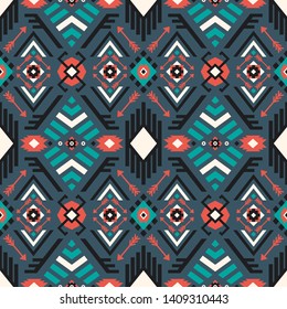 Seamless vector pattern in ethnic style. Background with tribal ornament of geometric shapes. Image for printing on paper, wallpaper, covers, textiles, fabrics, clothing and other