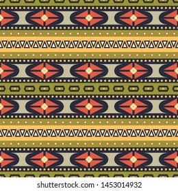 Seamless vector pattern in ethnic style. Background with tribal ornament of geometric shapes. Image for printing on paper, wallpaper, covers, textiles, fabrics, clothing and other