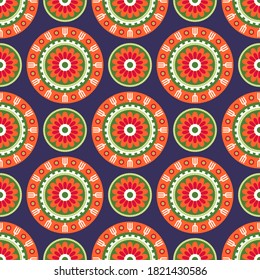 Seamless vector pattern in ethnic style. Abstract round floral ornament. Design with folk motives for textiles.