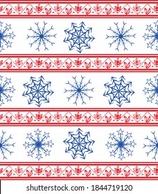 Seamless vector pattern in ethnic style with red borders and blue snowflakes. Winter geometric seamless pattern. Design for wrapping paper or clothes texture. Vector illustration.