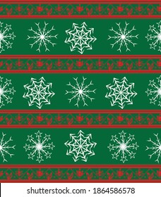 Seamless vector pattern in ethnic style with red borders and white snowflakes on a green background. Winter geometric seamless pattern. Design for wrapping paper clothes texture. Vector illustration.