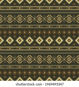 Seamless vector pattern in ethnic style. Textile boho design in brown and olive green. Geometric aztec fabric ornament border for scarf, bandana, dress, trousers, other modern fashion print.
