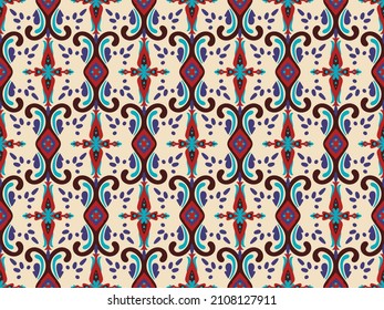 Seamless vector pattern in ethnic style. Textile batik design with folk motifs. Print with oriental ornament. 