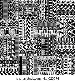 Seamless vector pattern in the ethnic style. Repeating tribal texture. Black and white ethnic ornaments. Great for background, textile, coloring book, cover, gift wrap, graphic elements, and more