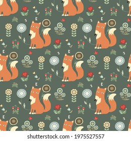 Seamless vector pattern with ethnic stylized illustration of an orange fox with big eyes and flat flowers. A hand-drawn fox sits among poppies, strawberry, daisies and other flowers.