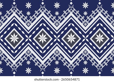 A seamless vector pattern with ethnic and tribal geometric motifs in rich blue and white tones. Ideal for textile design, backgrounds, packaging, and cultural-themed projects.