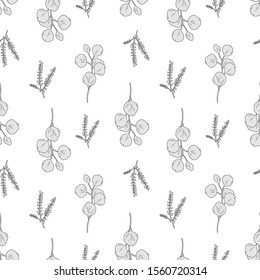 Seamless vector pattern of eucalyptus branches on a transparent background. Fabric pattern design. Hand-drawn floral print for elegant textile, packaging, paper, postcard