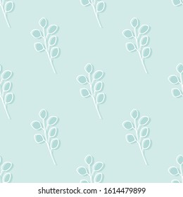 Seamless vector pattern of eucalyptus branches on a blue background.