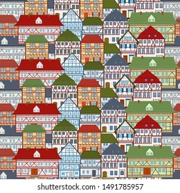 Seamless vector pattern with european architecture. Traditional european houses