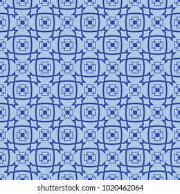 Seamless vector pattern in the European style from the repeating eight-pointed crosses and squares on a blue background. Vector color background.