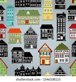 Seamless vector pattern with European traditional architecture and black and white houses on a light blue background.
