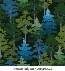 Seamless vector pattern of evergreen coniferous forest on a dark green background. Stylized pine and spruce trees in a hand-drawn style. Nature, landscape. Design for fabric, wallpaper, gift wrapping