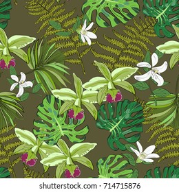 Seamless vector pattern of exotic vector drawn flowers and leaves. Tropical background.