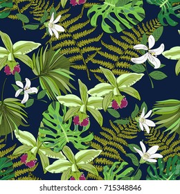 Seamless vector pattern of exotic vector drawn flowers and leaves. Tropical background.