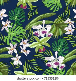 Seamless vector pattern of exotic vector drawn flowers and leaves. Tropical background.