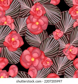 Seamless vector pattern with exotic flowers. Begonia ever flowering. Begonia pattern. Red flowers against a background of variegated striped foliage.