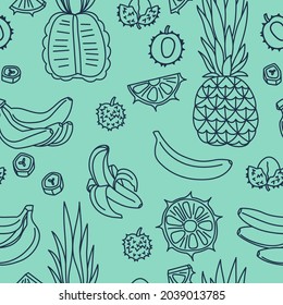 Seamless vector pattern from exotic fruits. Linear doodle illustration of banana, pineapple, lychee for decoration of wrapping paper, postcard, fabric