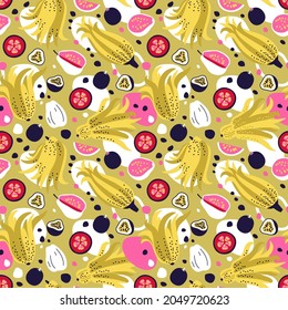 Seamless vector pattern from exotic fruits. Doodle illustration on green background for textile, fabric, wallpaper