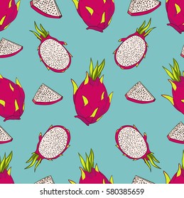 Seamless vector pattern. Exotic fruits pattern. Dragon fruits  on the bright blue background.