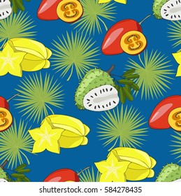 Seamless vector pattern. Exotic fruits and leaves pattern on the bright blue background. Carambola, tamarillo or tomato tree fruit, soursop fruit bright pattern.
