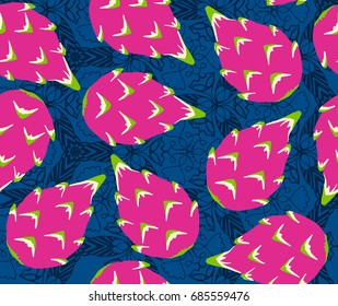 Seamless vector pattern. Exotic fruits pattern. Dragon fruits on the blue background.