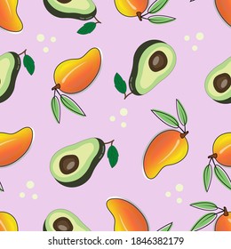 Nahtlose Vektormuster mit exotischen Früchten-Avocado, Mango. Dekoratives, helles Vektordesign