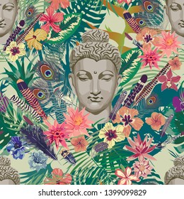 Seamless
vector pattern with exotic leaves, feathers, Buddha head