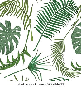 Seamless vector pattern with exotic leaves on white background.