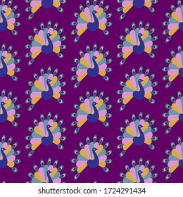 Seamless vector pattern with exotic oriental motifs. Peacocks with open tail resembling colourful fans on purple background. Exquisite feathers in pastel colours. Simple design perfect for textiles.