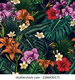 Seamless vector pattern with exotic plants. Graphic linear colored tropical flowers and leaves. Monstera, plumeria, orchid, palm and banana leaves, hibiscus, aralia, tiger lily, strelitzia