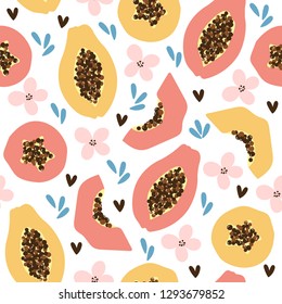 Seamless vector pattern with exotic and tropical fruit papaya (pawpaw). Illustration with floral elements