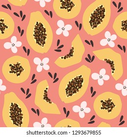 Seamless vector pattern with exotic and tropical fruit papaya (pawpaw). Illustration with floral elements