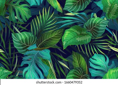 Seamless vector pattern with exotic tropical plants in modern style. Trendy jungle colorful background design. Nature textile fashion wallpaper print. 