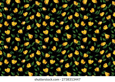 Seamless vector pattern with expressive hand painted yellow buds and textured green leaves on a black background. Bold brushstrokes create a vibrant, artistic botanical design