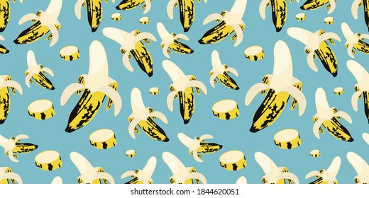 Seamless vector pattern of extra ripe bananas and Sliced banana randomly distributed isolated on light blue background. Suits for Decorative Paper, Packaging, Covers, Gift Wrap, etc. vector eps10.
